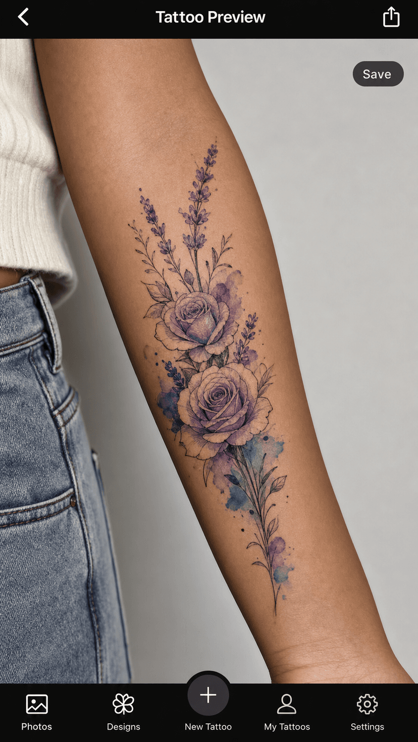 StarInk AI tattoo preview — Watercolor floral design with roses on female arm, medium skin