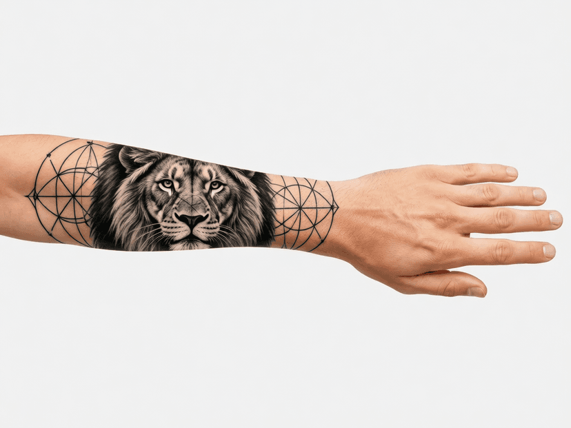StarInk AI tattoo preview — Geometric sacred geometry pattern on male arm, precise black ink lines