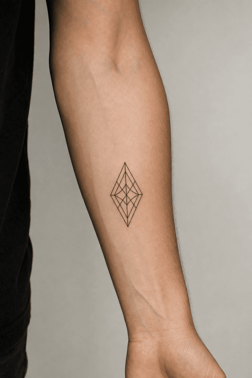 StarInk AI tattoo preview — Minimalist geometric design on male arm, inner forearm, black ink