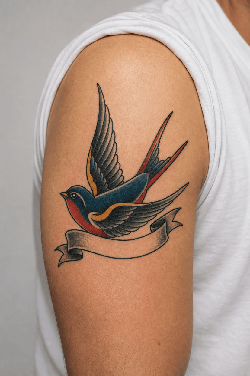 StarInk AI tattoo preview — Traditional American style swallow bird on male arm, bold outlines