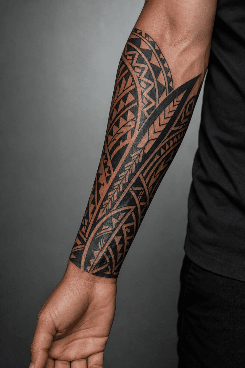 StarInk AI tattoo preview — Polynesian tribal pattern on male forearm, geometric black ink